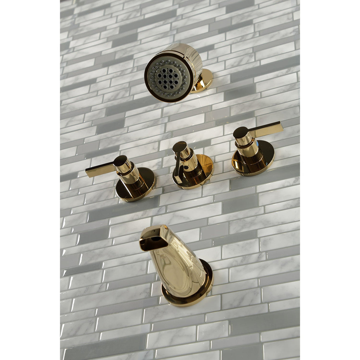 NuvoFusion KBX8132NDL Three-Handle 5-Hole Wall Mount Tub and Shower Faucet, Polished Brass