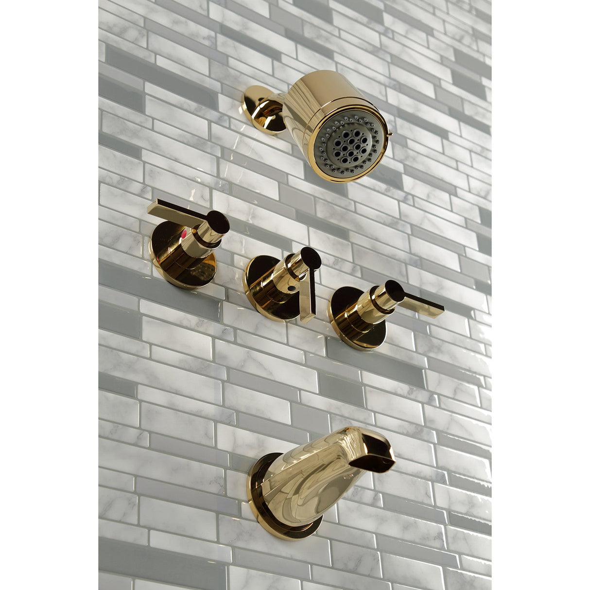 NuvoFusion KBX8132NDL Three-Handle 5-Hole Wall Mount Tub and Shower Faucet, Polished Brass