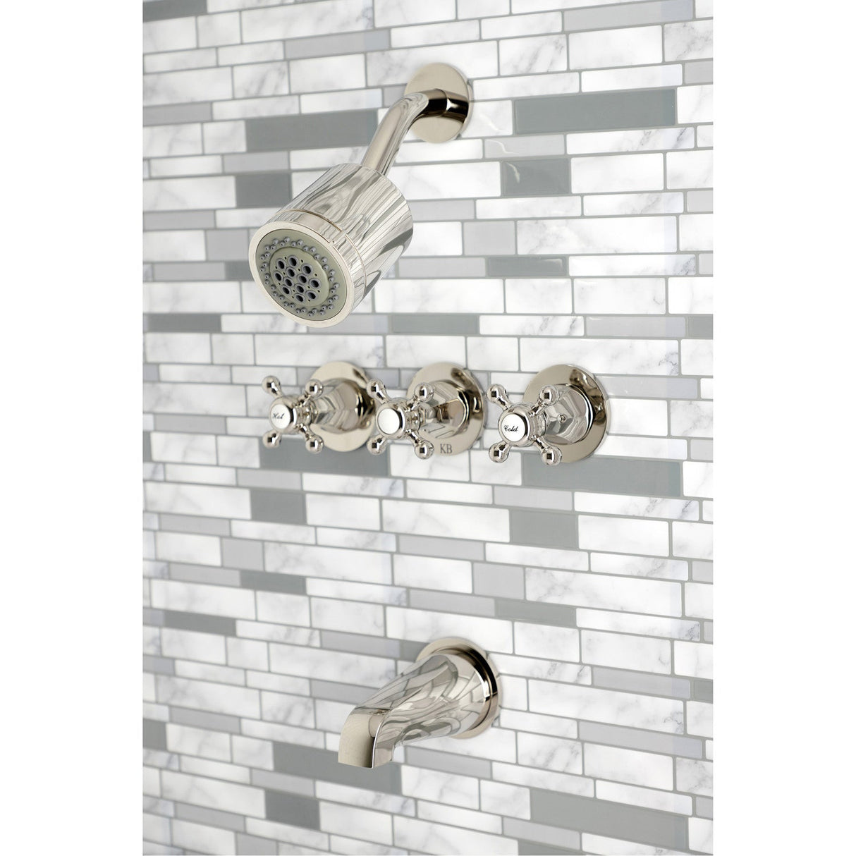 Metropolitan KBX8136BX Three-Handle 5-Hole Wall Mount Tub and Shower Faucet, Polished Nickel