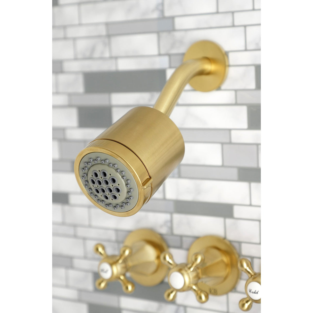 Metropolitan KBX8137BX Three-Handle 5-Hole Wall Mount Tub and Shower Faucet, Brushed Brass