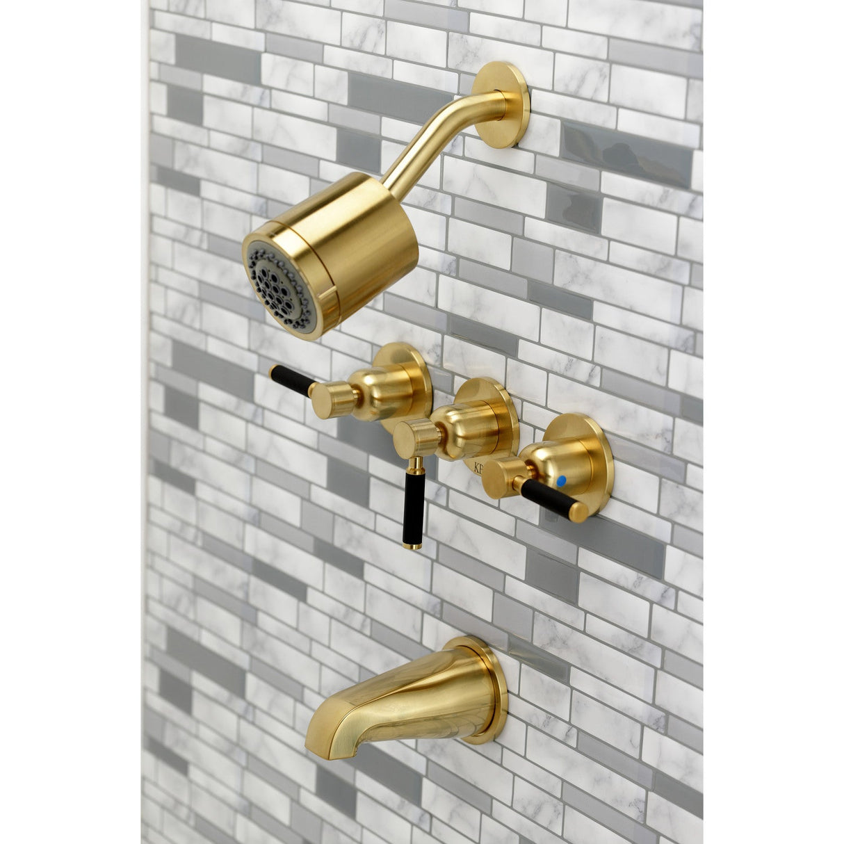 Kaiser KBX8137DKL Three-Handle 5-Hole Wall Mount Tub and Shower Faucet, Brushed Brass