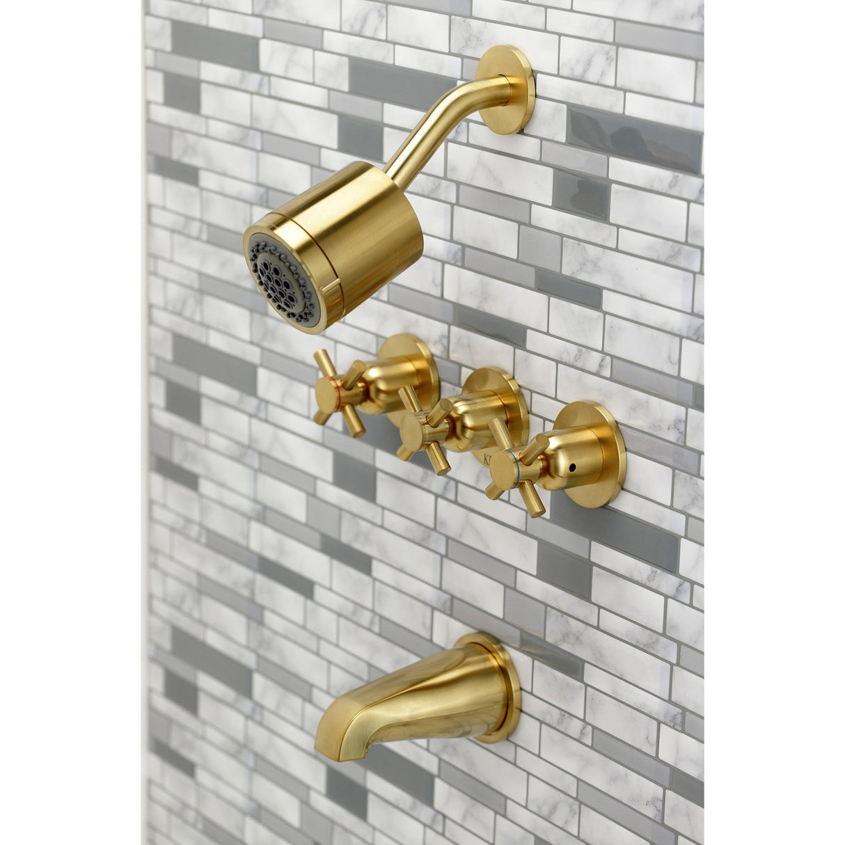 Concord KBX8137DX Three-Handle 5-Hole Wall Mount Tub and Shower Faucet, Brushed Brass