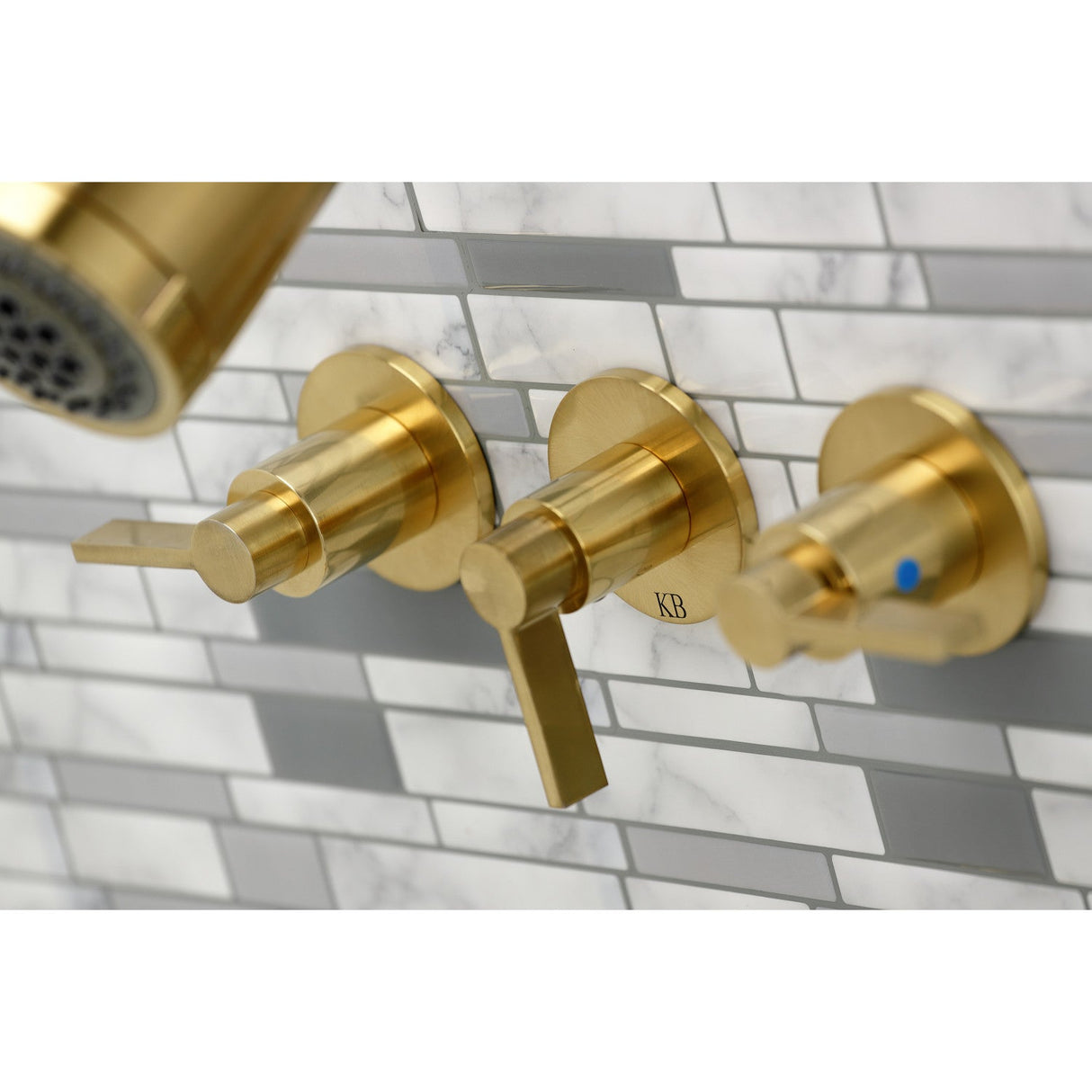 NuvoFusion KBX8137NDL Three-Handle 5-Hole Wall Mount Tub and Shower Faucet, Brushed Brass