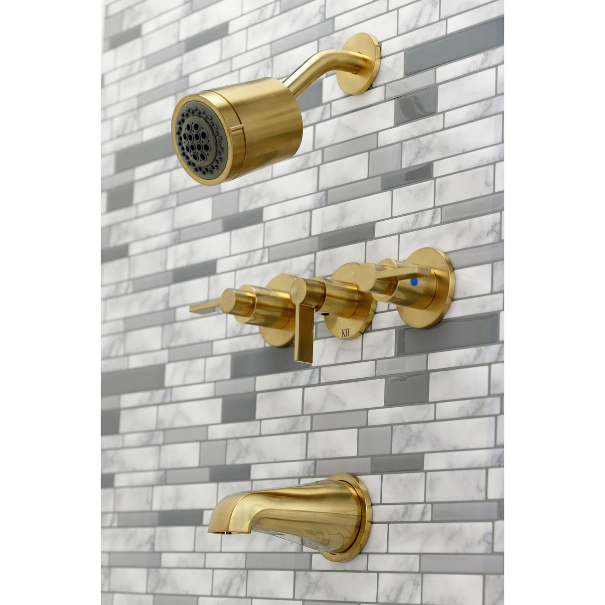 NuvoFusion KBX8137NDL Three-Handle 5-Hole Wall Mount Tub and Shower Faucet, Brushed Brass