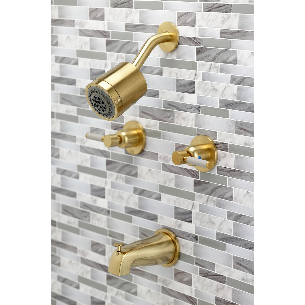 Kaiser KBX8147DKL Two-Handle 4-Hole Wall Mount Tub and Shower Faucet, Brushed Brass