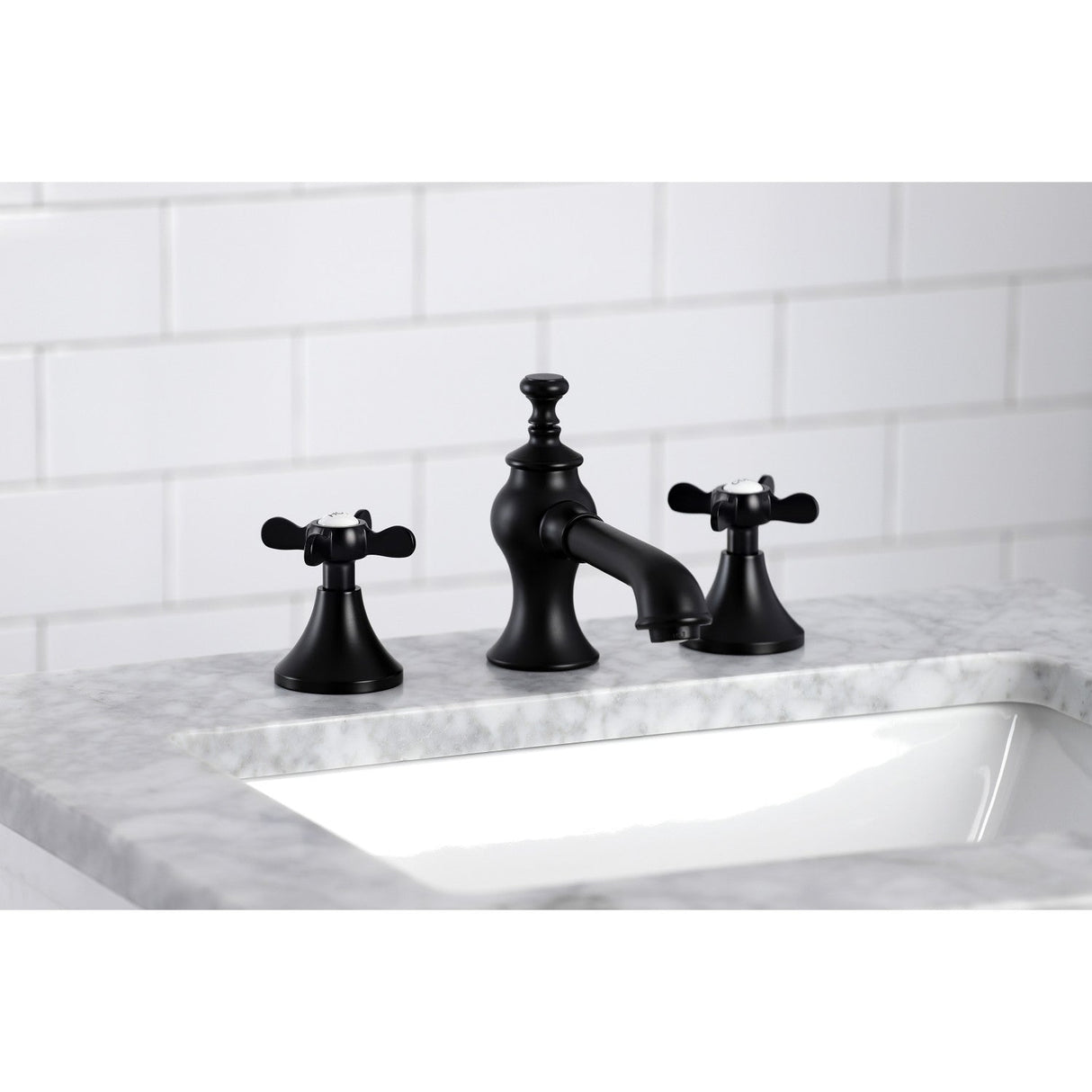 Essex KC7060BEX Two-Handle 3-Hole Deck Mount Widespread Bathroom Faucet with Brass Pop-Up, Matte Black
