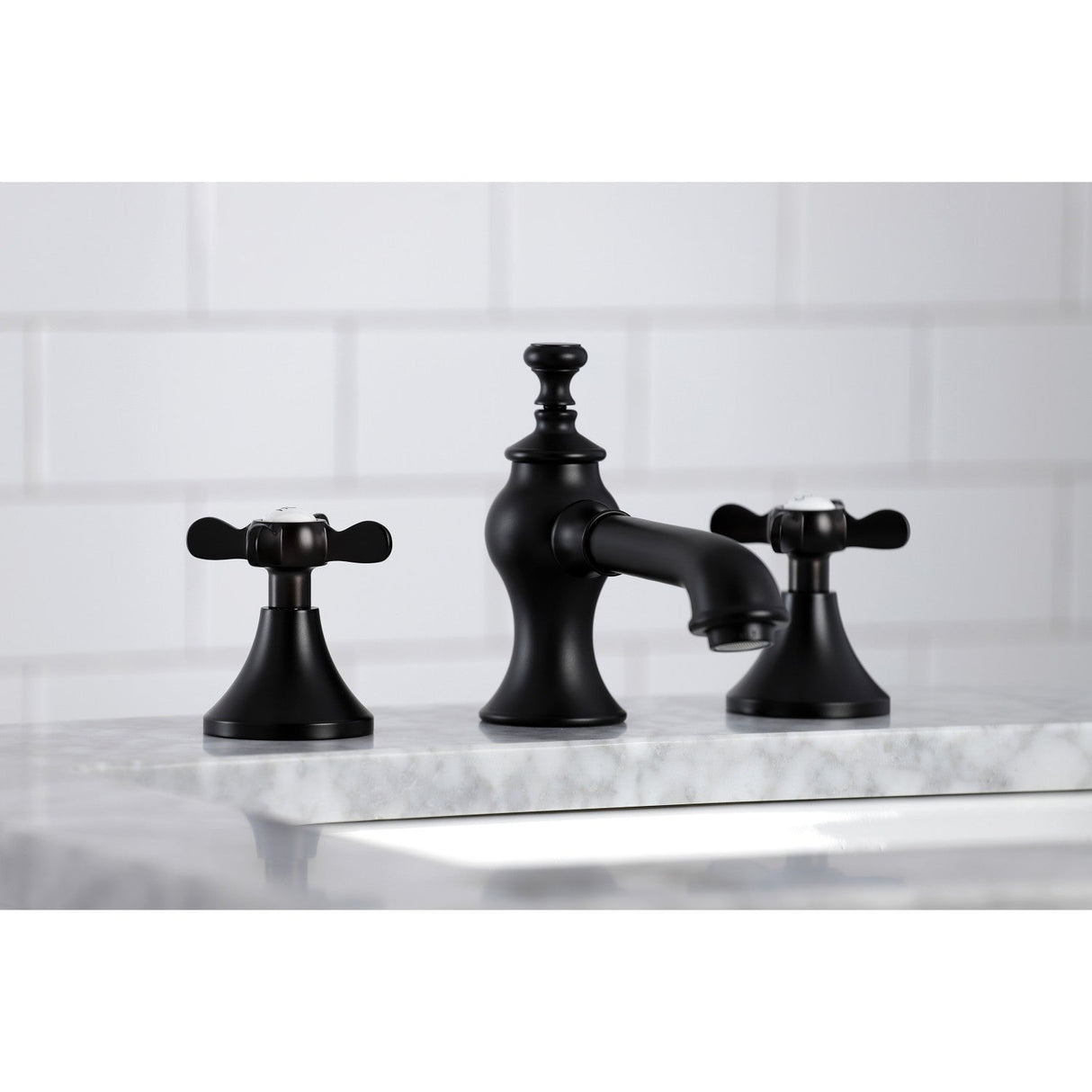 Essex KC7060BEX Two-Handle 3-Hole Deck Mount Widespread Bathroom Faucet with Brass Pop-Up, Matte Black