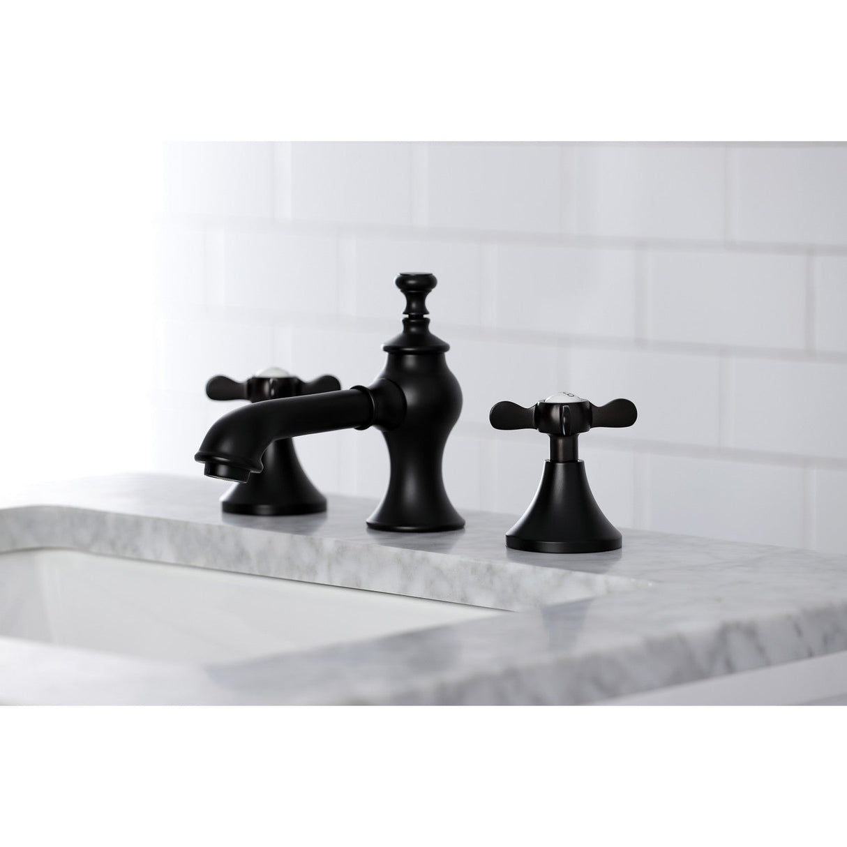 Essex KC7060BEX Two-Handle 3-Hole Deck Mount Widespread Bathroom Faucet with Brass Pop-Up, Matte Black