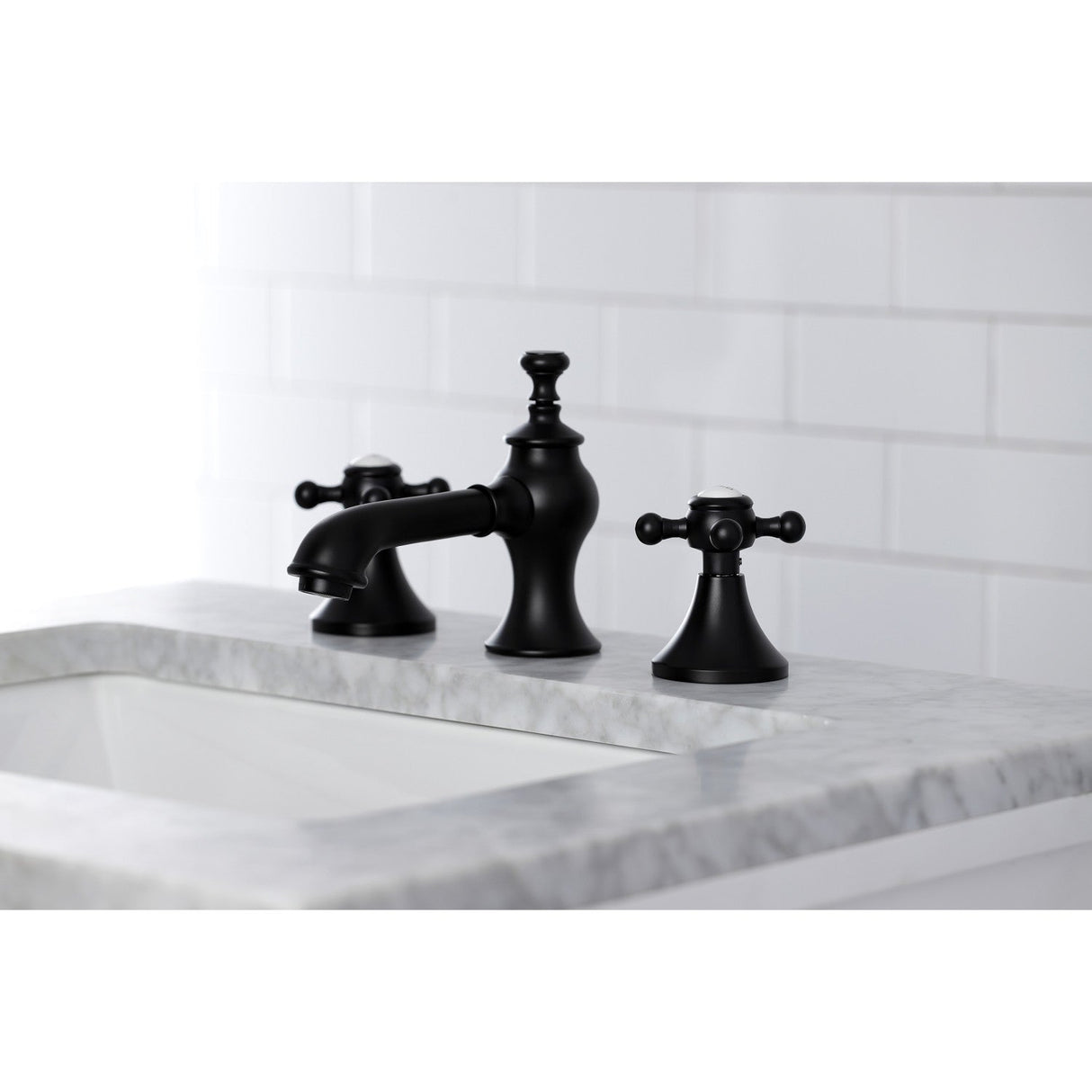 English Country KC7060BX Two-Handle 3-Hole Deck Mount Widespread Bathroom Faucet with Brass Pop-Up, Matte Black