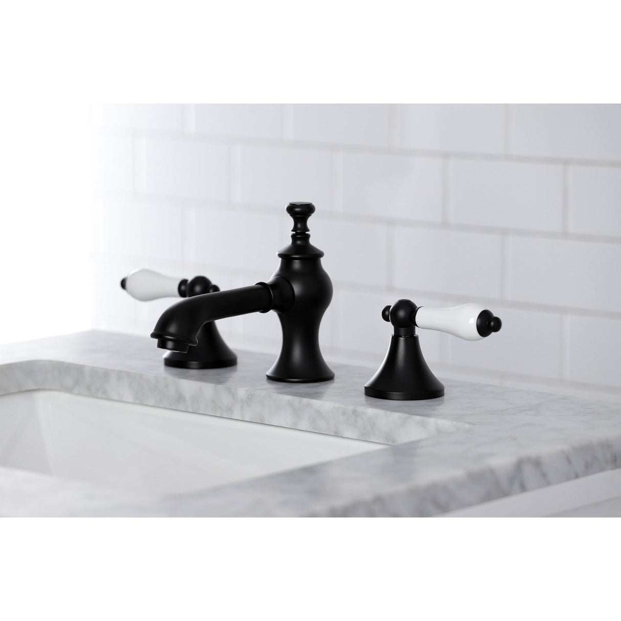 Vintage KC7060PL Two-Handle 3-Hole Deck Mount Widespread Bathroom Faucet with Brass Pop-Up, Matte Black