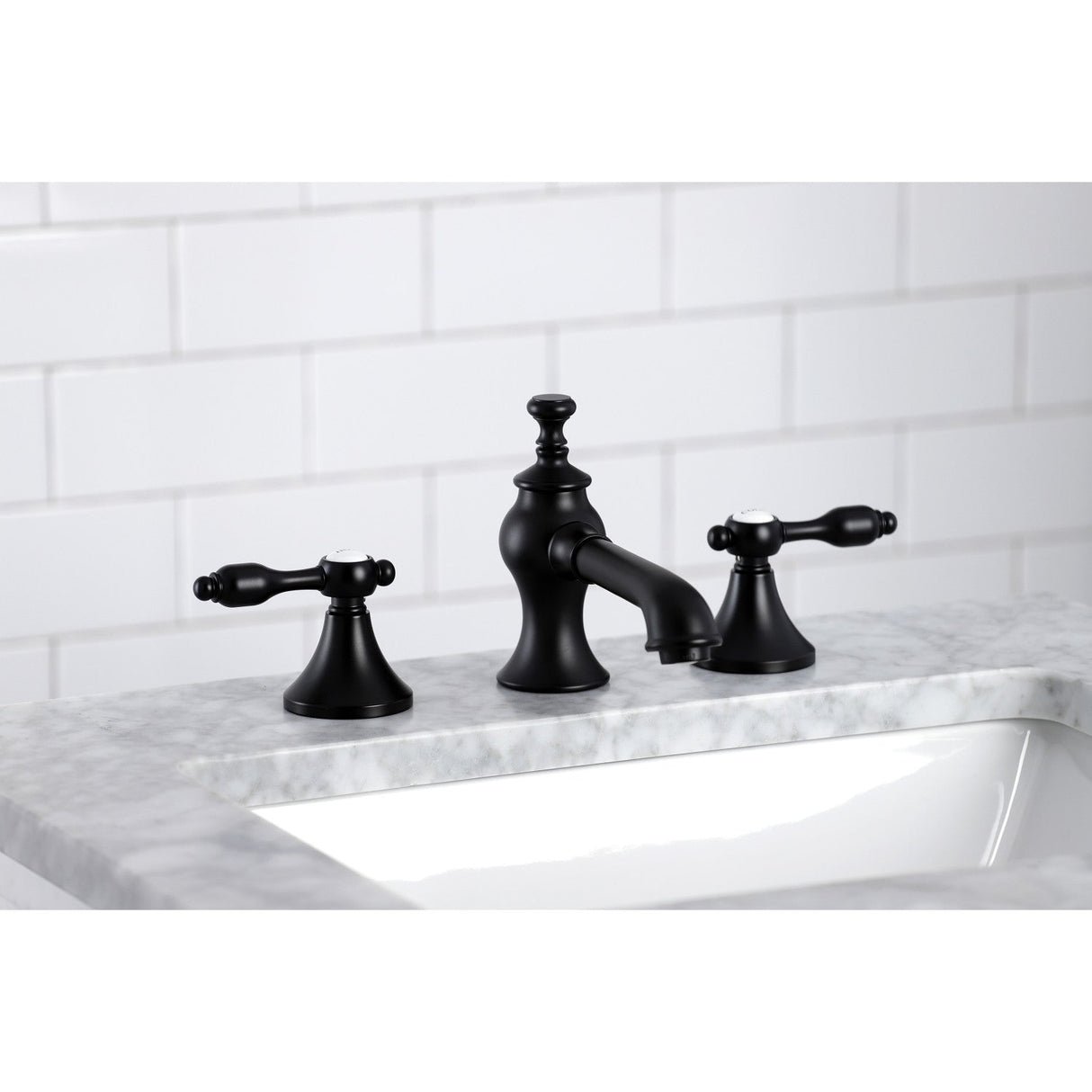 Tudor KC7060TAL Two-Handle 3-Hole Deck Mount Widespread Bathroom Faucet with Brass Pop-Up, Matte Black