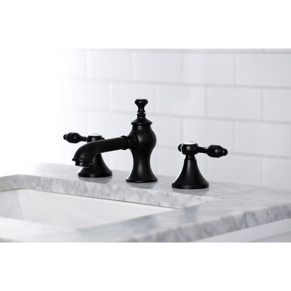 Tudor KC7060TAL Two-Handle 3-Hole Deck Mount Widespread Bathroom Faucet with Brass Pop-Up, Matte Black
