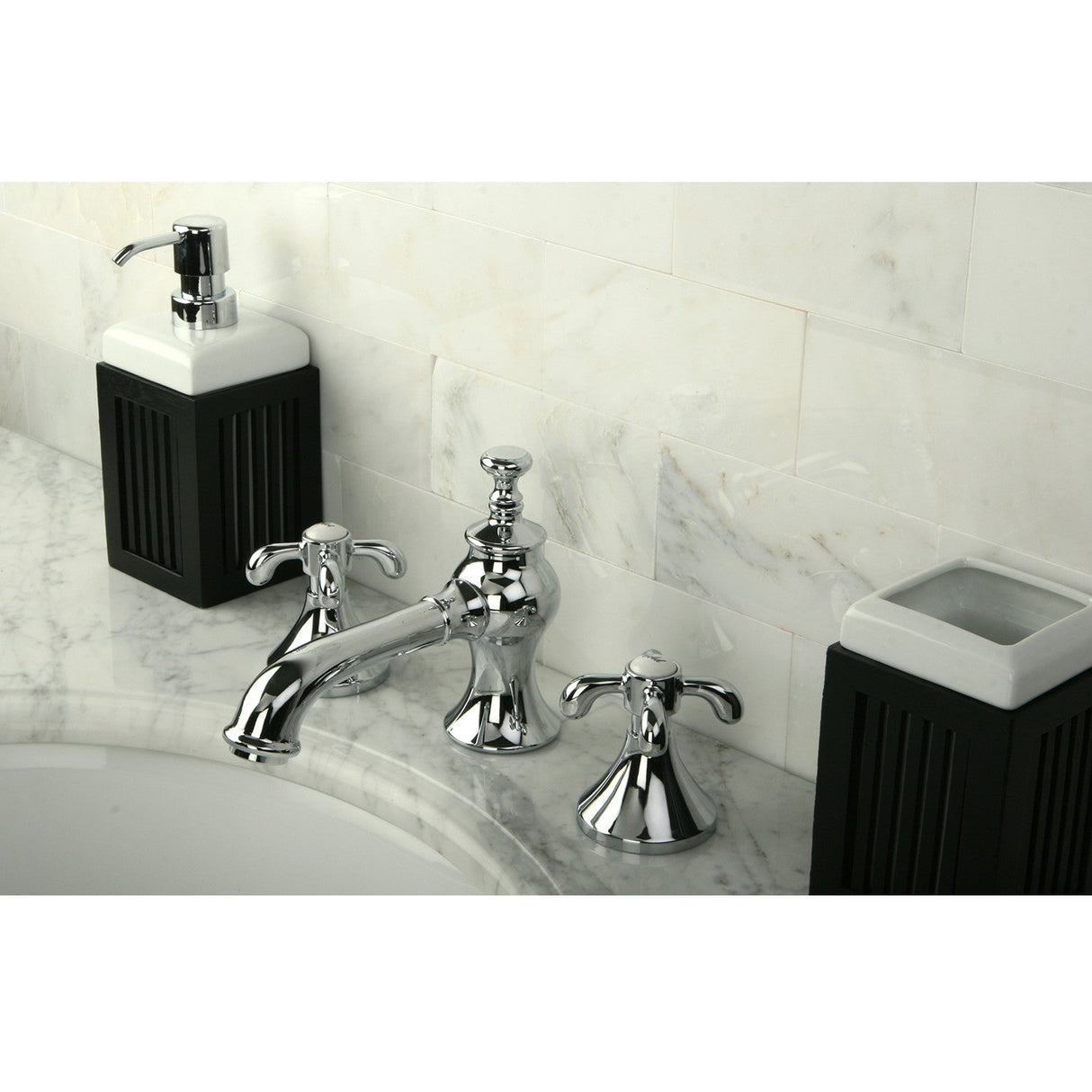 French Country KC7061TX Two-Handle 3-Hole Deck Mount Widespread Bathroom Faucet with Brass Pop-Up, Polished Chrome