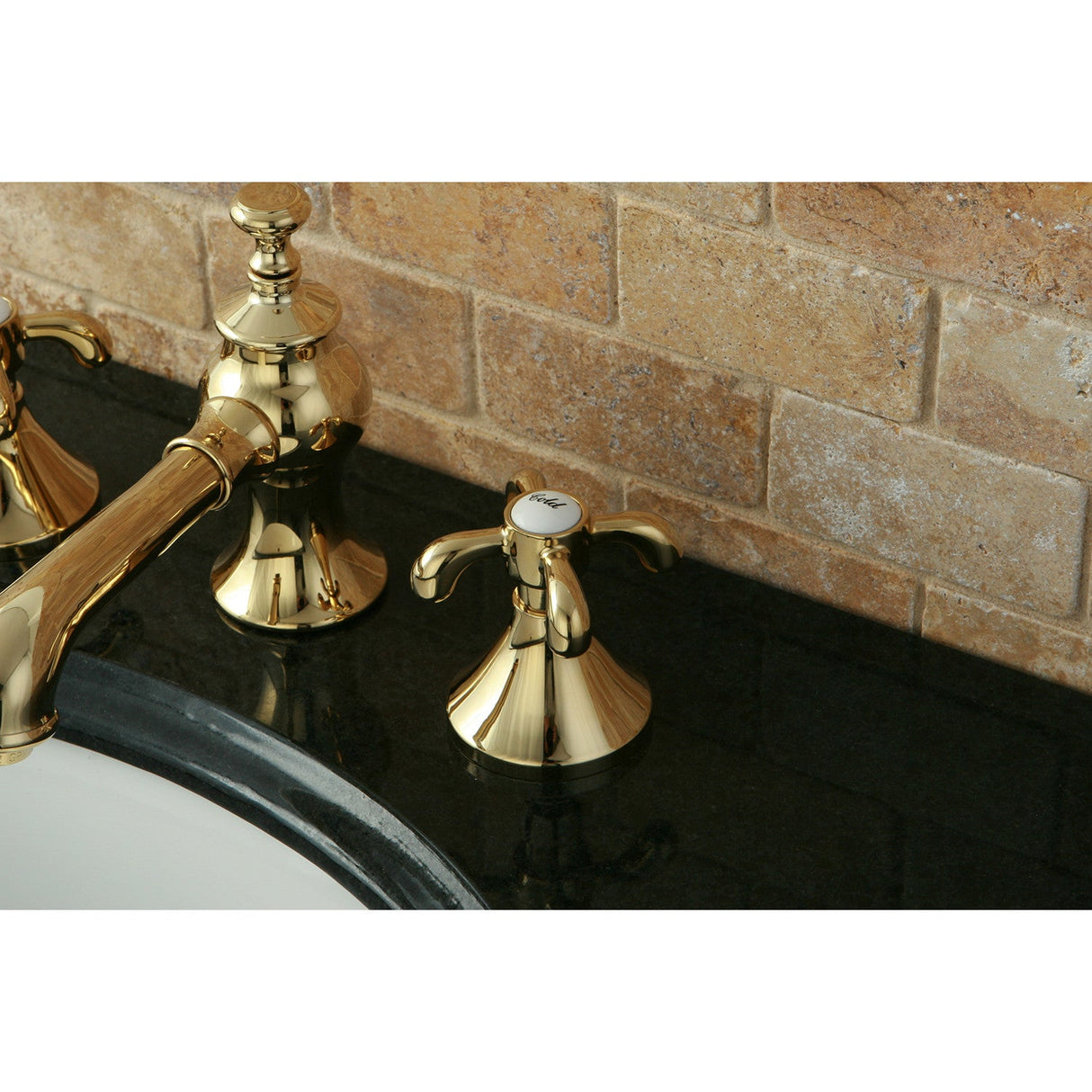 French Country KC7062TX Two-Handle 3-Hole Deck Mount Widespread Bathroom Faucet with Brass Pop-Up, Polished Brass
