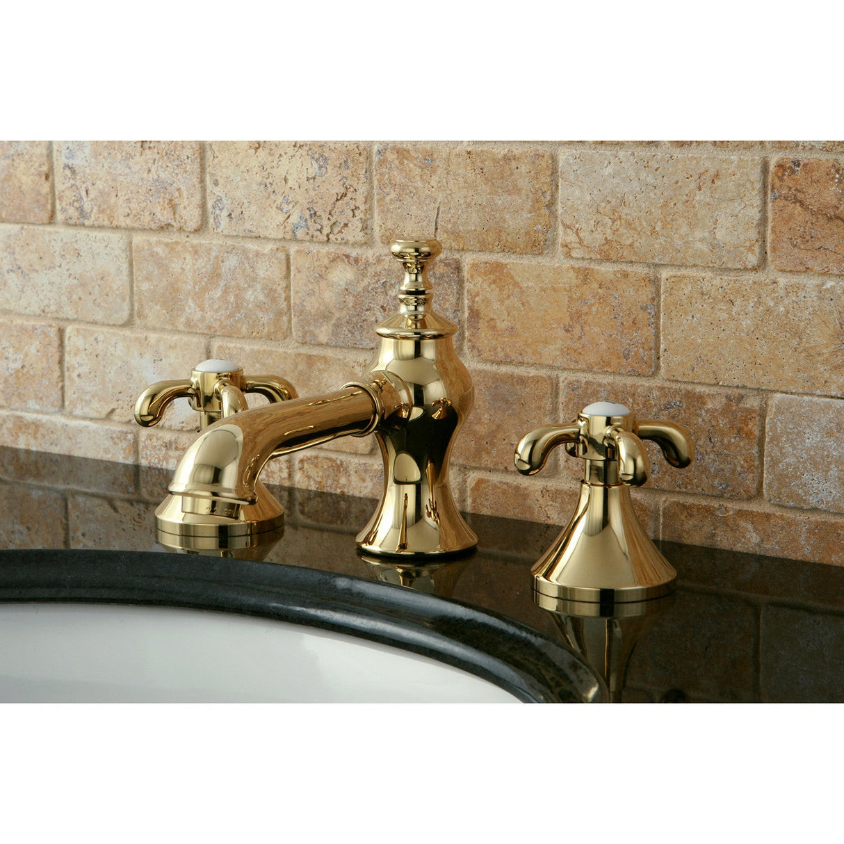 French Country KC7062TX Two-Handle 3-Hole Deck Mount Widespread Bathroom Faucet with Brass Pop-Up, Polished Brass