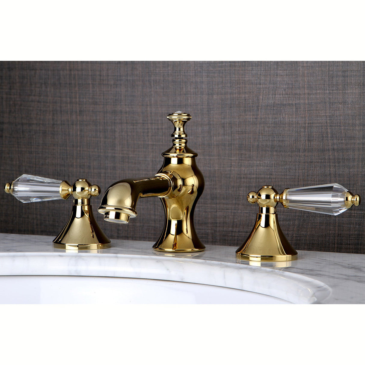 Wilshire KC7062WLL Two-Handle 3-Hole Deck Mount Widespread Bathroom Faucet with Brass Pop-Up, Polished Brass