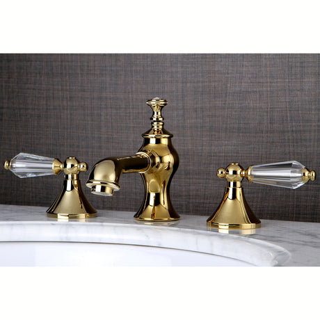 Wilshire KC7062WLL Two-Handle 3-Hole Deck Mount Widespread Bathroom Faucet with Brass Pop-Up, Polished Brass