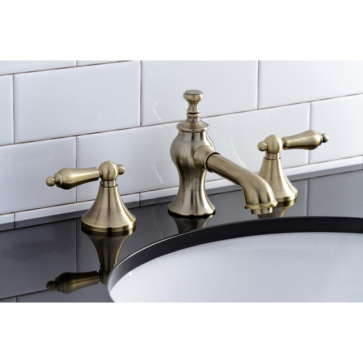 Vintage KC7063AL Two-Handle 3-Hole Deck Mount Widespread Bathroom Faucet with Brass Pop-Up, Antique Brass