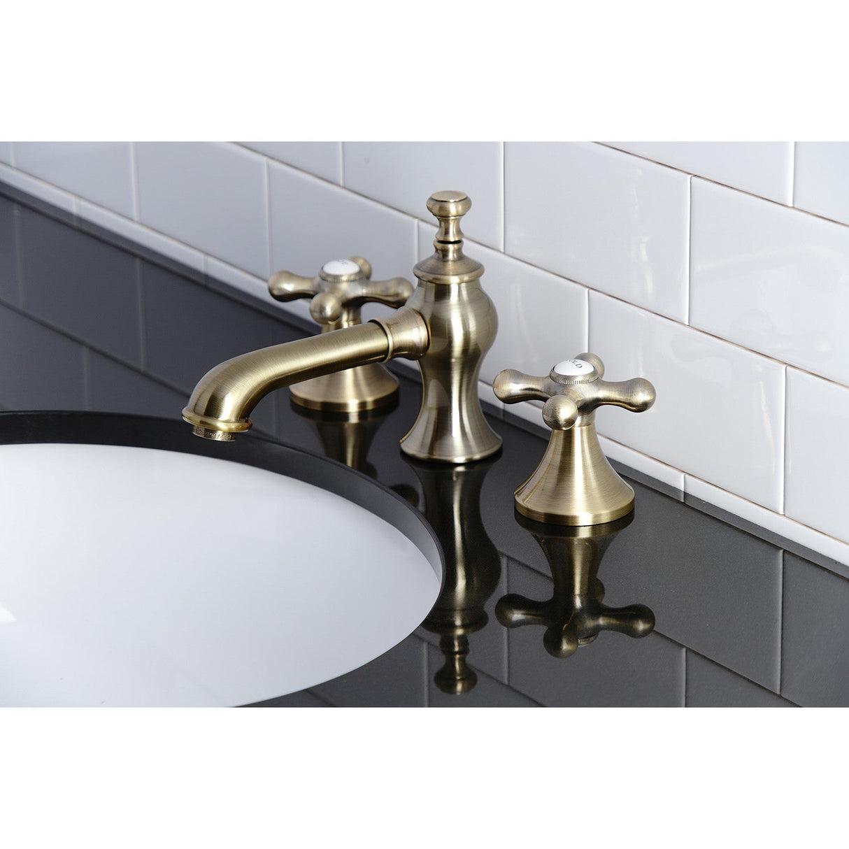 Vintage KC7063AX Two-Handle 3-Hole Deck Mount Widespread Bathroom Faucet with Brass Pop-Up, Antique Brass
