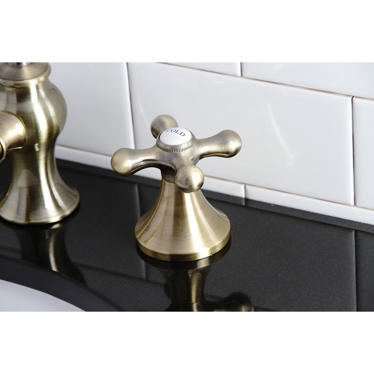 Vintage KC7063AX Two-Handle 3-Hole Deck Mount Widespread Bathroom Faucet with Brass Pop-Up, Antique Brass
