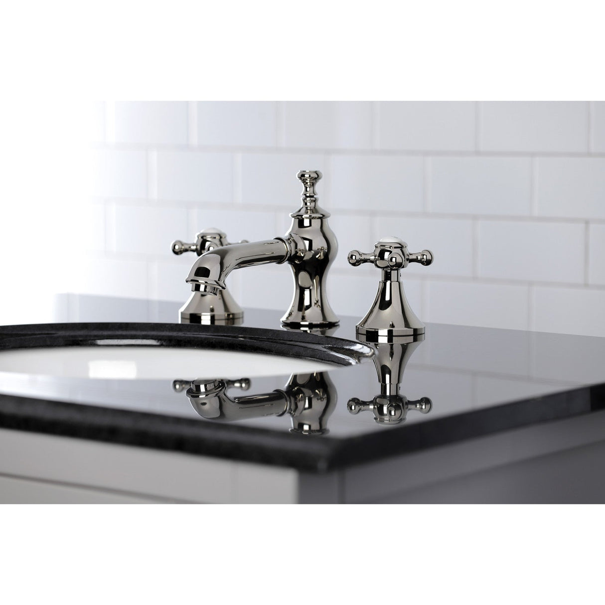 English Country KC7066BX Two-Handle 3-Hole Deck Mount Widespread Bathroom Faucet with Brass Pop-Up, Polished Nickel