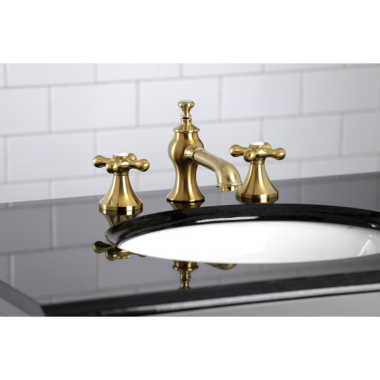 Vintage KC7067AX Two-Handle 3-Hole Deck Mount Widespread Bathroom Faucet with Brass Pop-Up, Brushed Brass