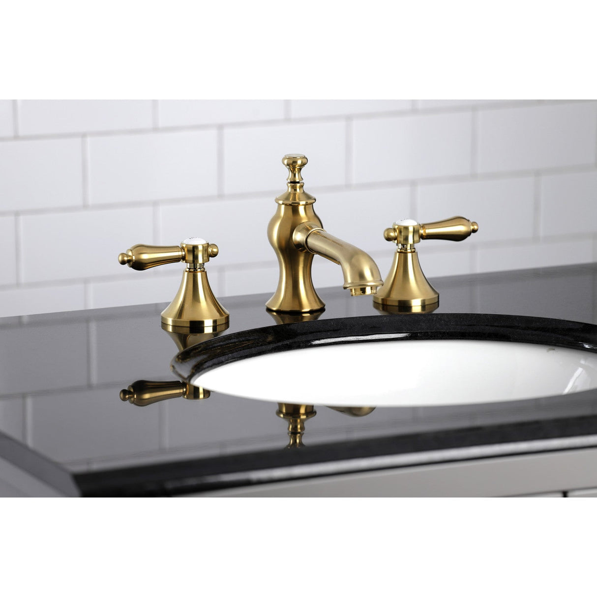 Heirloom KC7067BAL Two-Handle 3-Hole Deck Mount Widespread Bathroom Faucet with Brass Pop-Up, Brushed Brass
