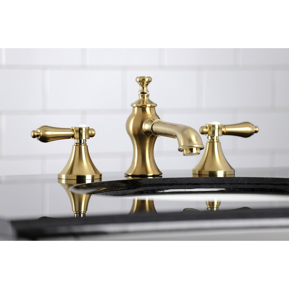 Heirloom KC7067BAL Two-Handle 3-Hole Deck Mount Widespread Bathroom Faucet with Brass Pop-Up, Brushed Brass
