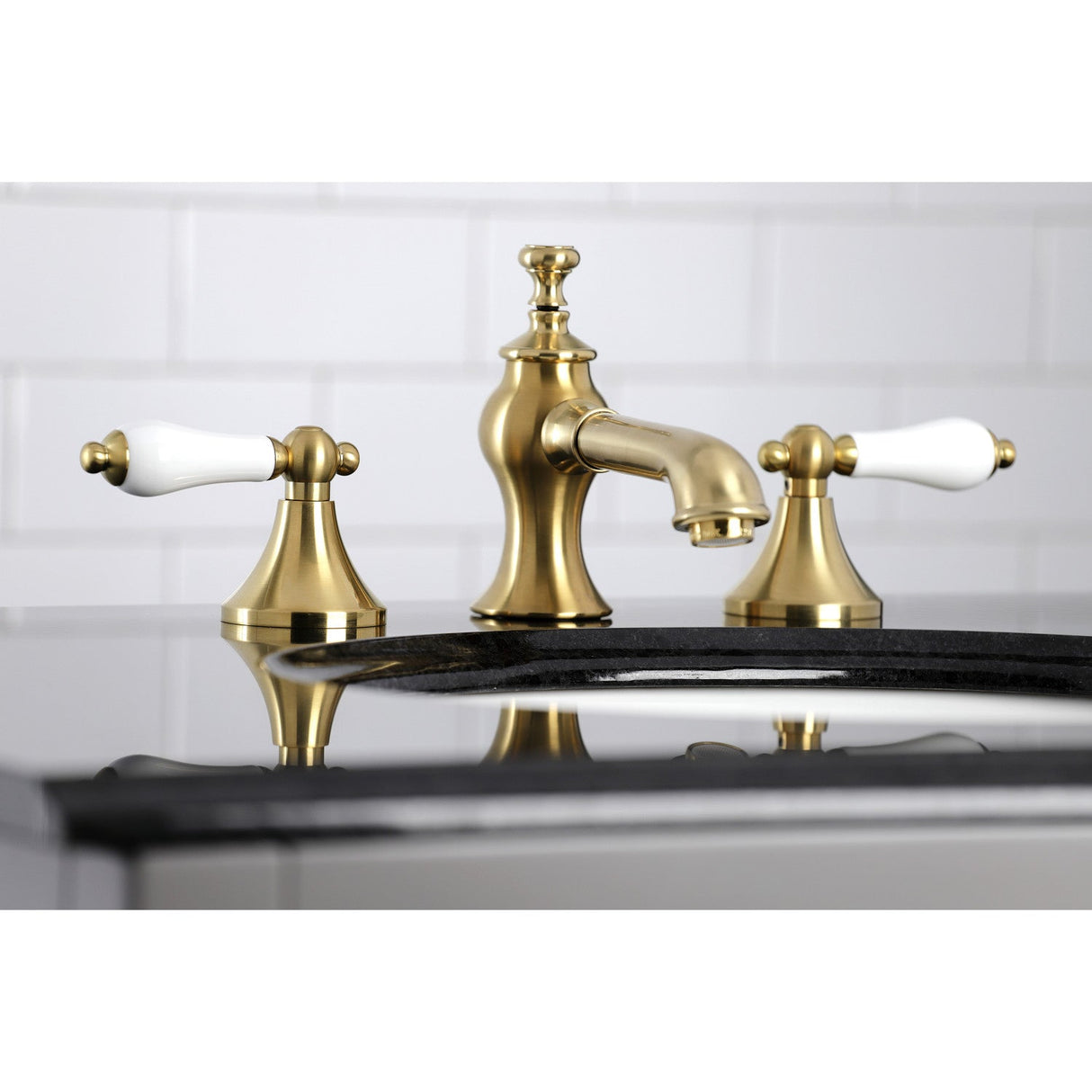 Vintage KC7067PL Two-Handle 3-Hole Deck Mount Widespread Bathroom Faucet with Brass Pop-Up, Brushed Brass