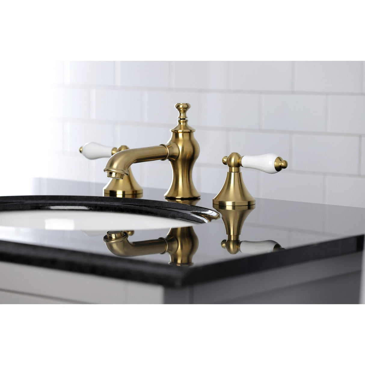 Vintage KC7067PL Two-Handle 3-Hole Deck Mount Widespread Bathroom Faucet with Brass Pop-Up, Brushed Brass