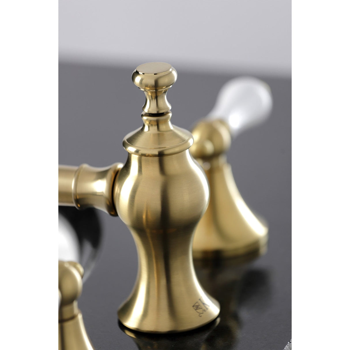 Vintage KC7067PL Two-Handle 3-Hole Deck Mount Widespread Bathroom Faucet with Brass Pop-Up, Brushed Brass