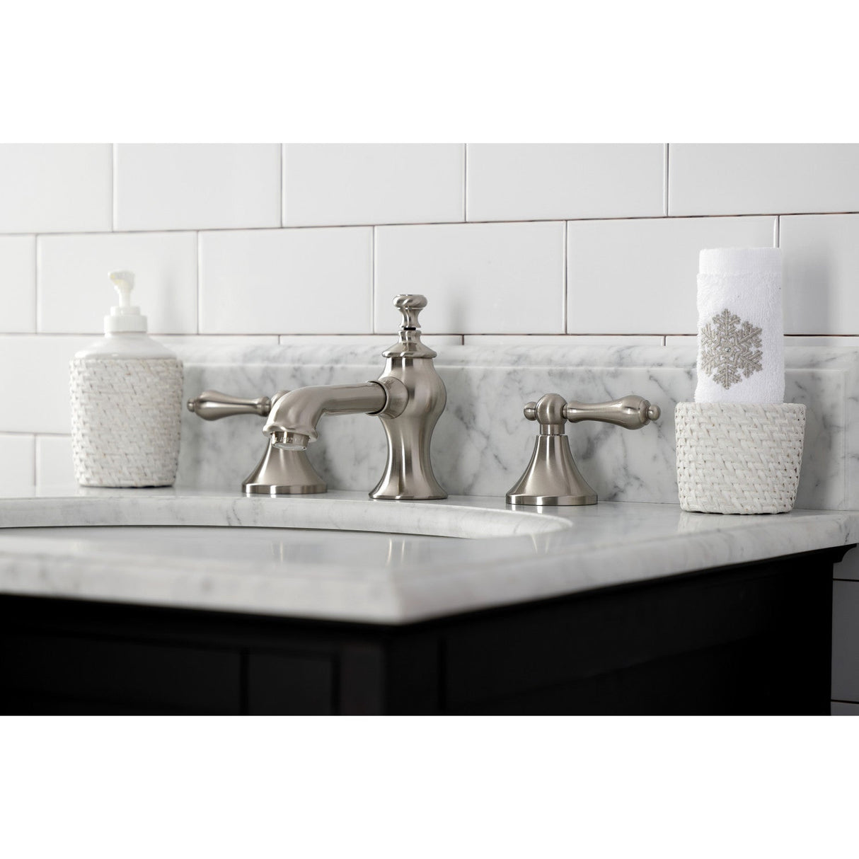 Vintage KC7068AL Two-Handle 3-Hole Deck Mount Widespread Bathroom Faucet with Brass Pop-Up, Brushed Nickel