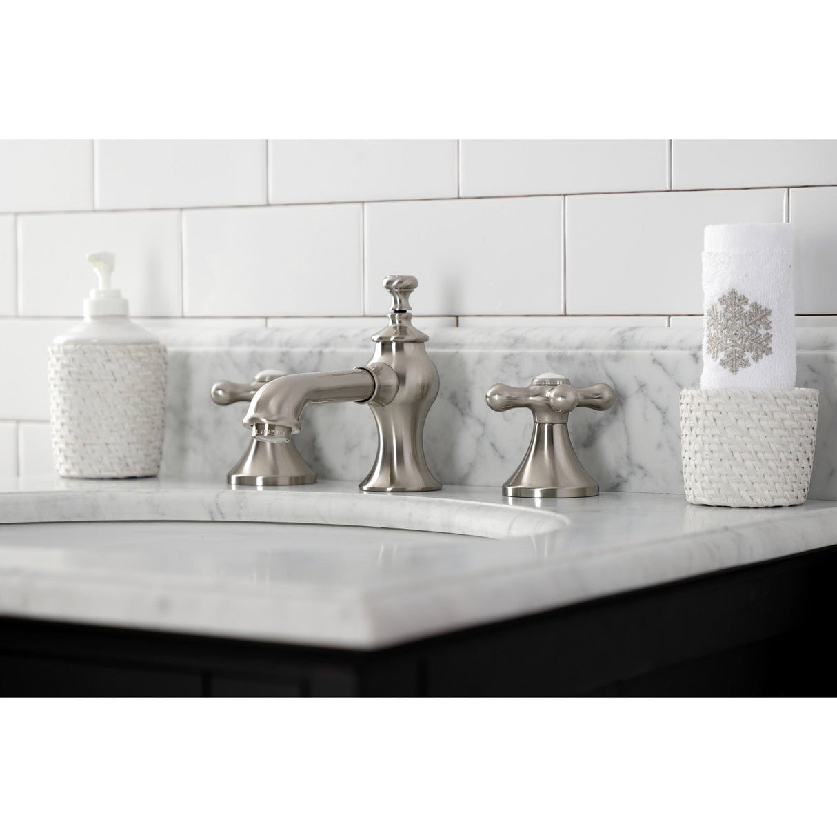 Vintage KC7068AX Two-Handle 3-Hole Deck Mount Widespread Bathroom Faucet with Brass Pop-Up, Brushed Nickel