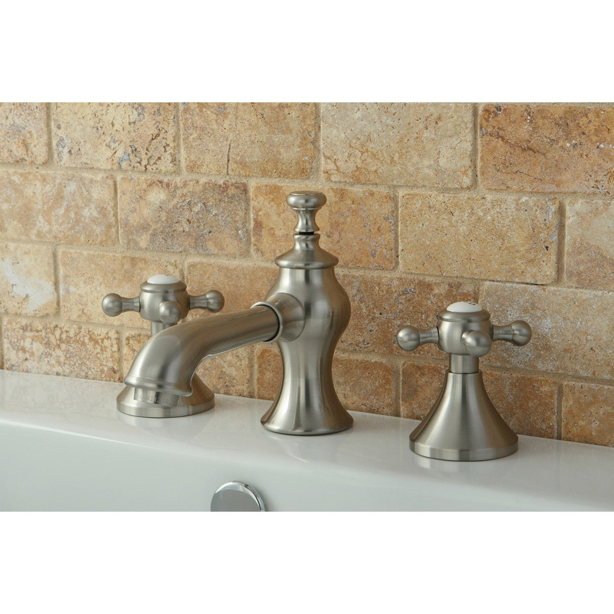 English Country KC7068BX Two-Handle 3-Hole Deck Mount Widespread Bathroom Faucet with Brass Pop-Up, Brushed Nickel