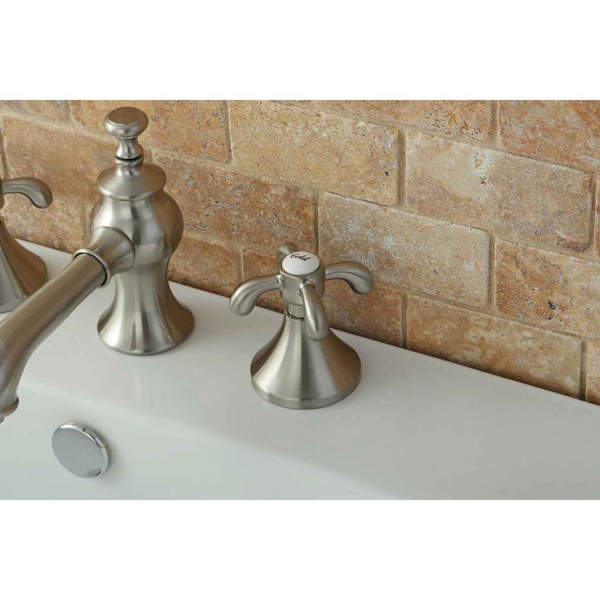 French Country KC7068TX Two-Handle 3-Hole Deck Mount Widespread Bathroom Faucet with Brass Pop-Up, Brushed Nickel