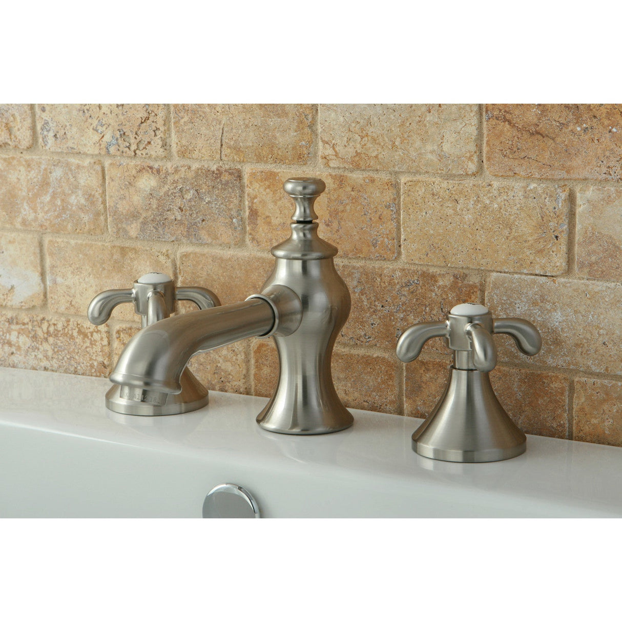 French Country KC7068TX Two-Handle 3-Hole Deck Mount Widespread Bathroom Faucet with Brass Pop-Up, Brushed Nickel