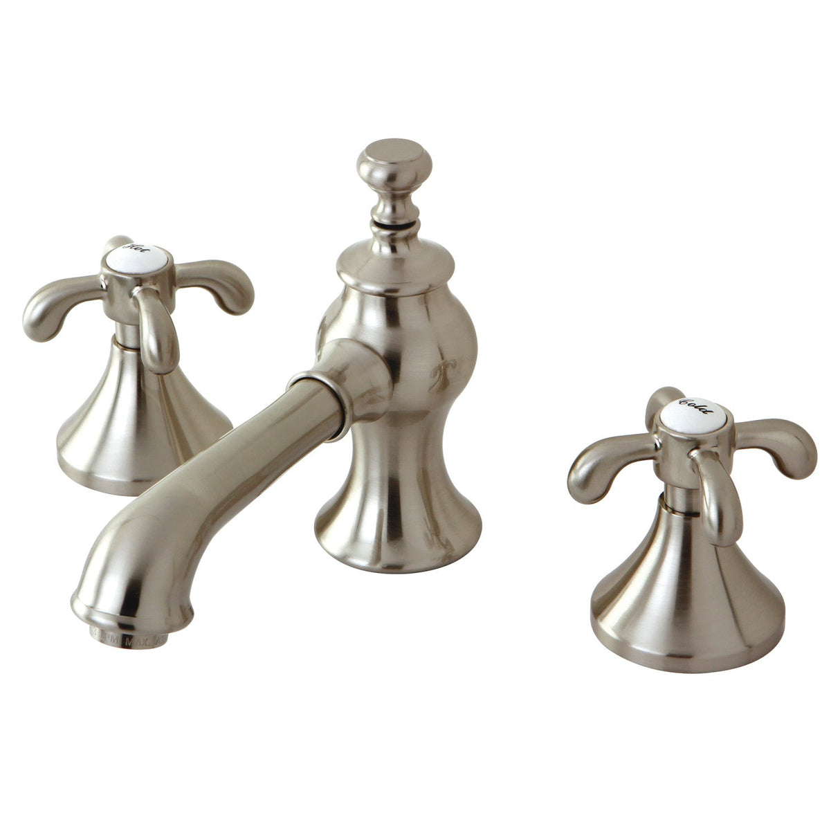 French Country KC7068TX Two-Handle 3-Hole Deck Mount Widespread Bathroom Faucet with Brass Pop-Up, Brushed Nickel