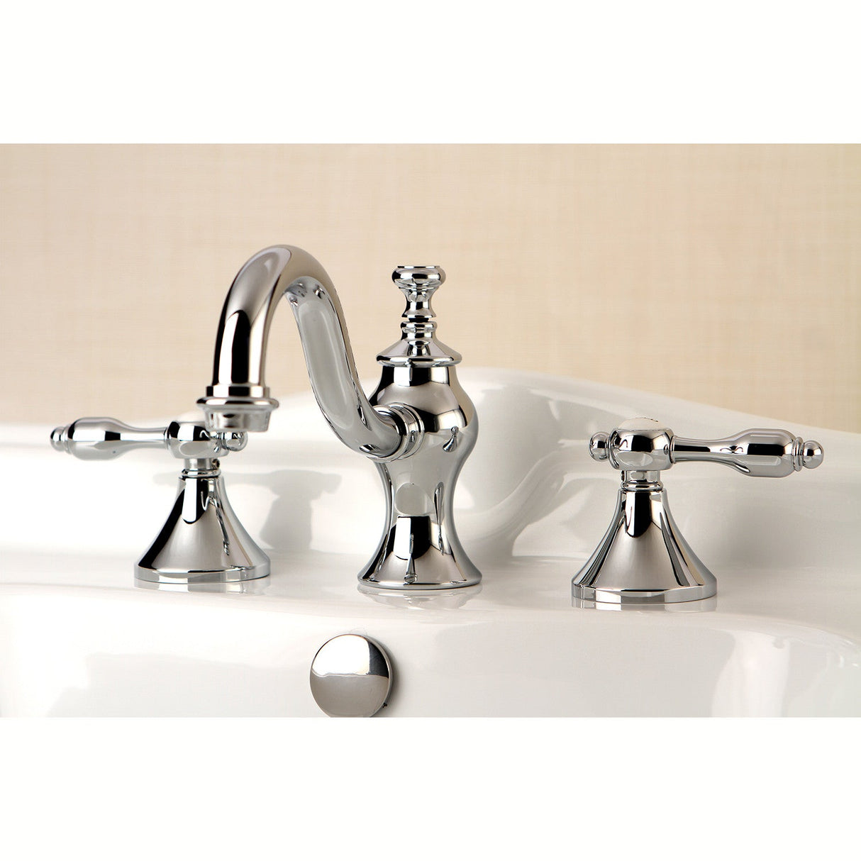 Tudor KC7161TAL Two-Handle 3-Hole Deck Mount Widespread Bathroom Faucet with Brass Pop-Up, Polished Chrome
