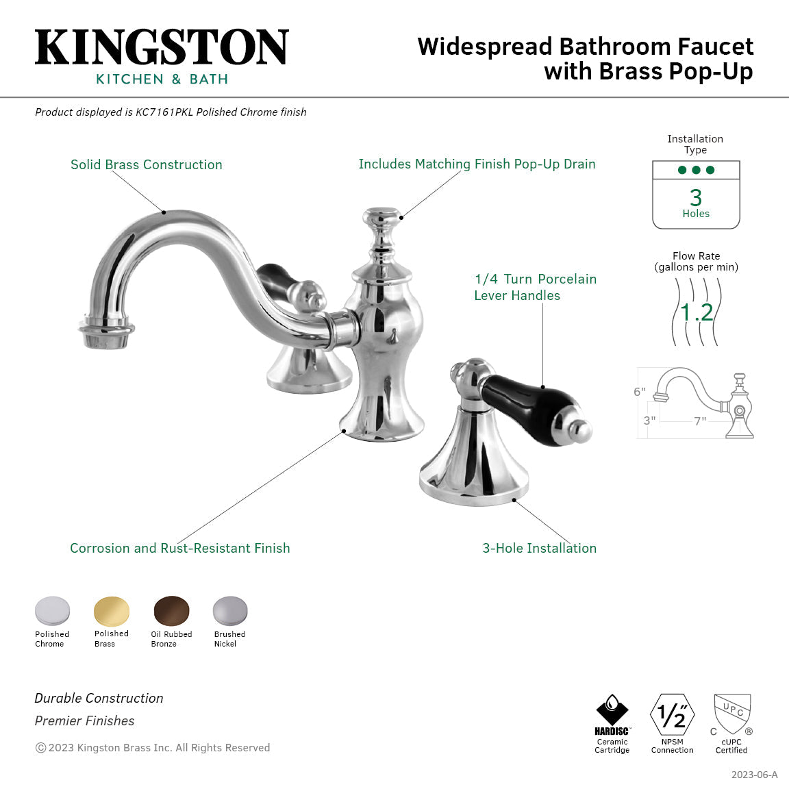 Duchess KC7162PKL Two-Handle 3-Hole Deck Mount Widespread Bathroom Faucet with Brass Pop-Up, Polished Brass