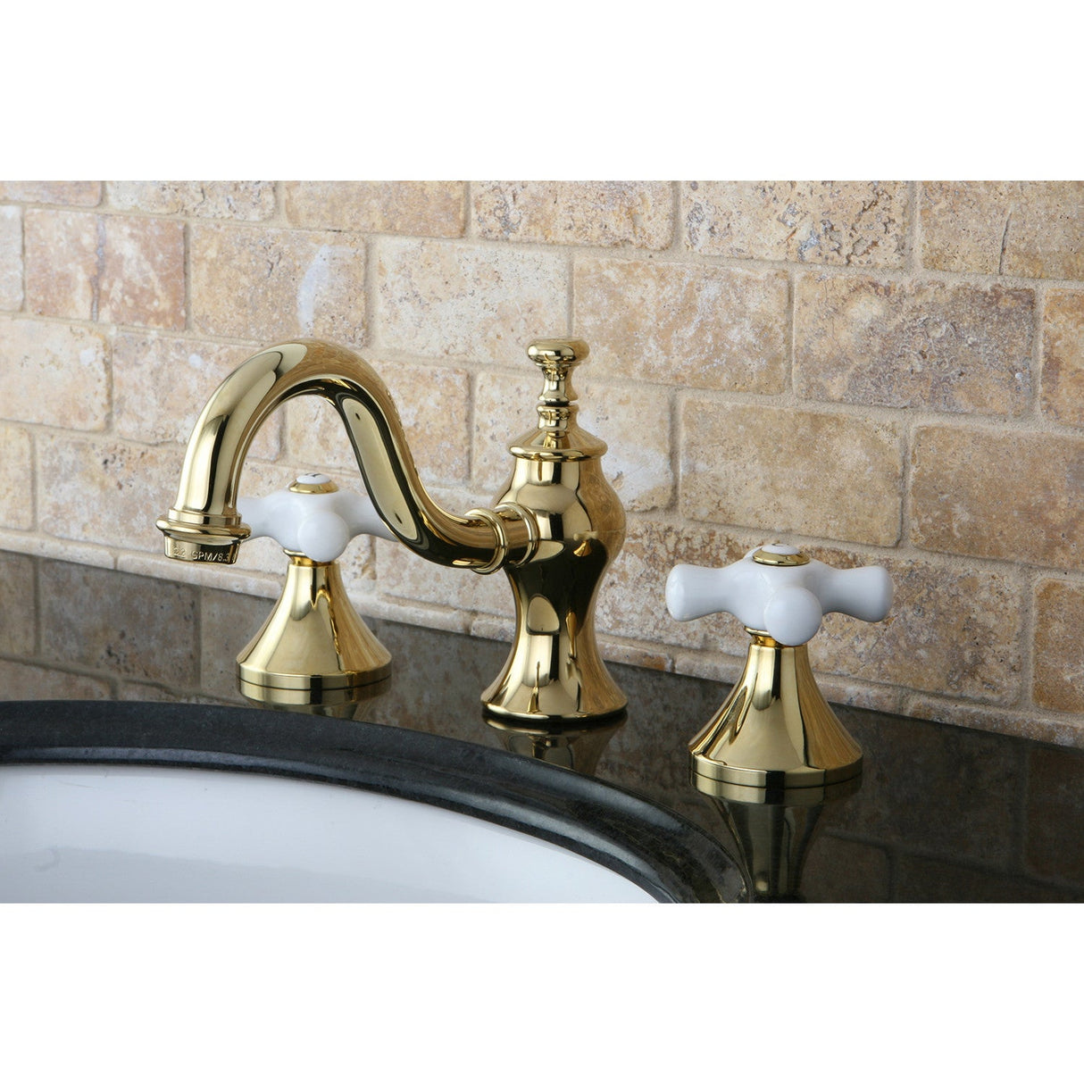 KC7162PX Two-Handle 3-Hole Deck Mount Widespread Bathroom Faucet with Brass Pop-Up, Polished Brass