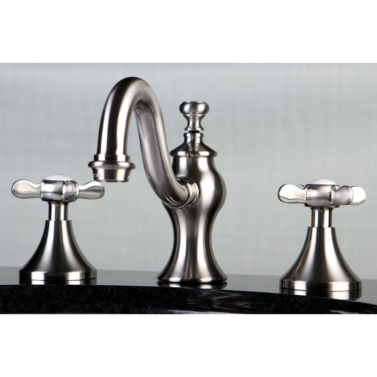 Essex KC7168BEX Two-Handle 3-Hole Deck Mount Widespread Bathroom Faucet with Brass Pop-Up, Brushed Nickel