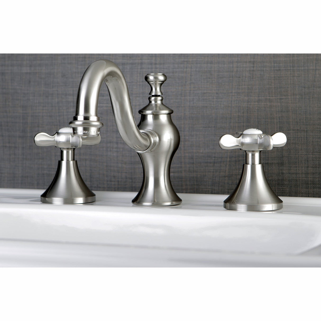 Essex KC7168BEX Two-Handle 3-Hole Deck Mount Widespread Bathroom Faucet with Brass Pop-Up, Brushed Nickel