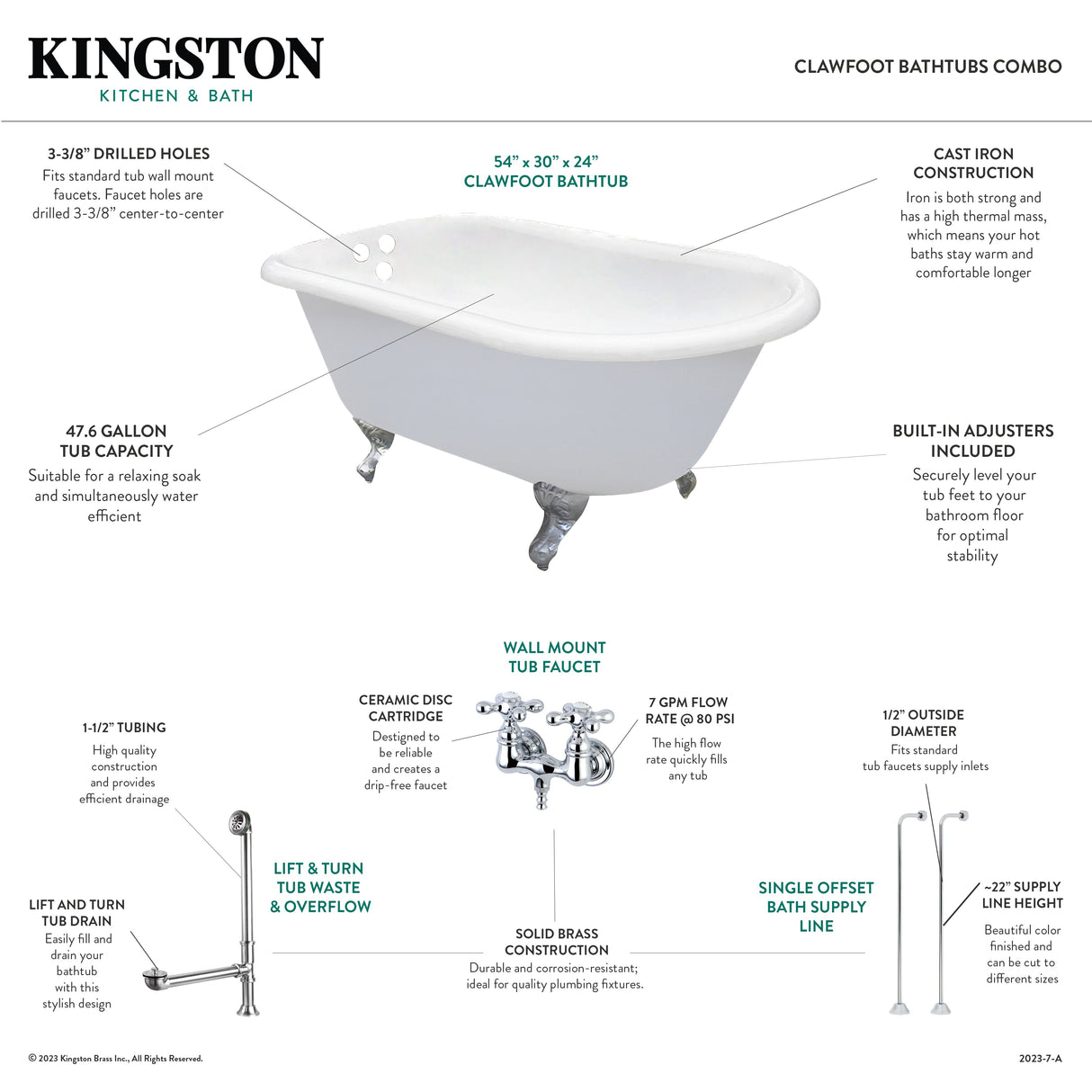 Aqua Eden KCT3D543019C1 54-Inch Cast Iron Roll Top Clawfoot Tub Combo with Faucet and Supply Lines, White/Polished Chrome
