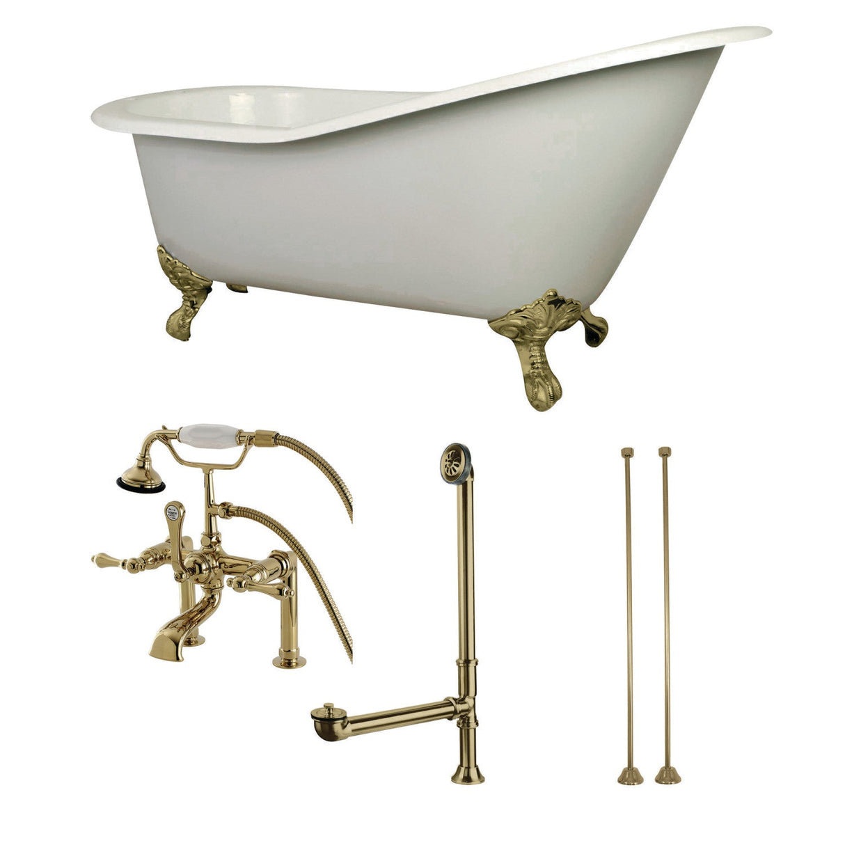 Aqua Eden KCT7D653129C2 62-Inch Cast Iron Single Slipper Clawfoot Tub Combo with Faucet and Supply Lines, White/Polished Brass