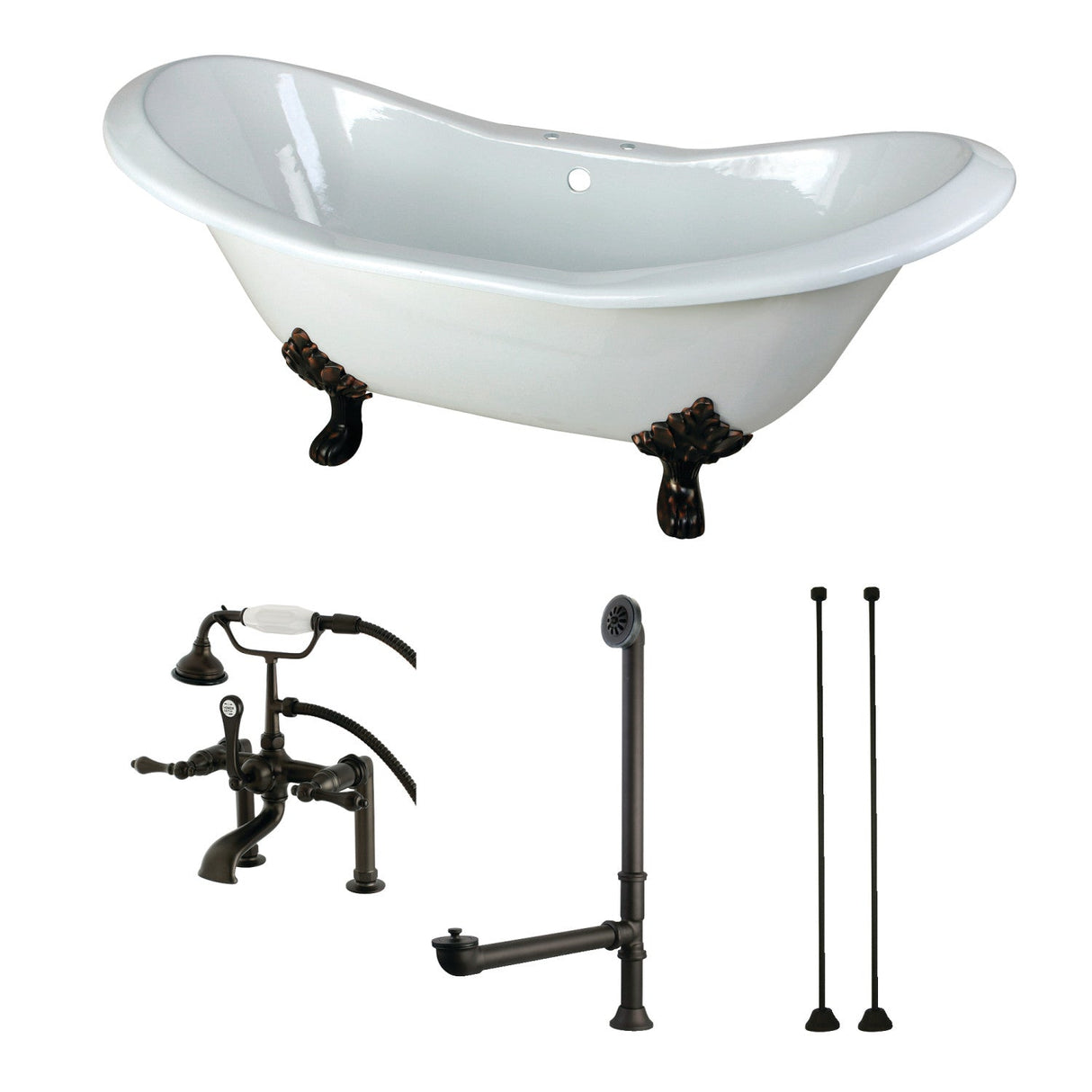 Aqua Eden KCT7D7231C5 72-Inch Cast Iron Double Slipper Clawfoot Tub Combo with Faucet and Supply Lines, White/Oil Rubbed Bronze