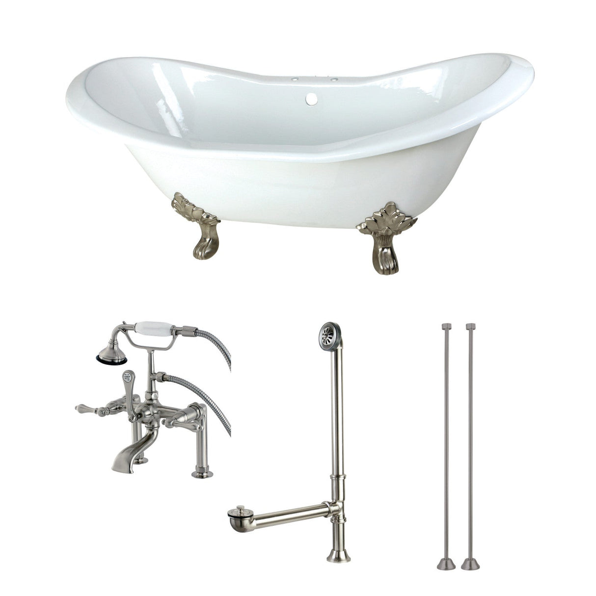 Aqua Eden KCT7D7231C8 72-Inch Cast Iron Double Slipper Clawfoot Tub Combo with Faucet and Supply Lines, White/Brushed Nickel