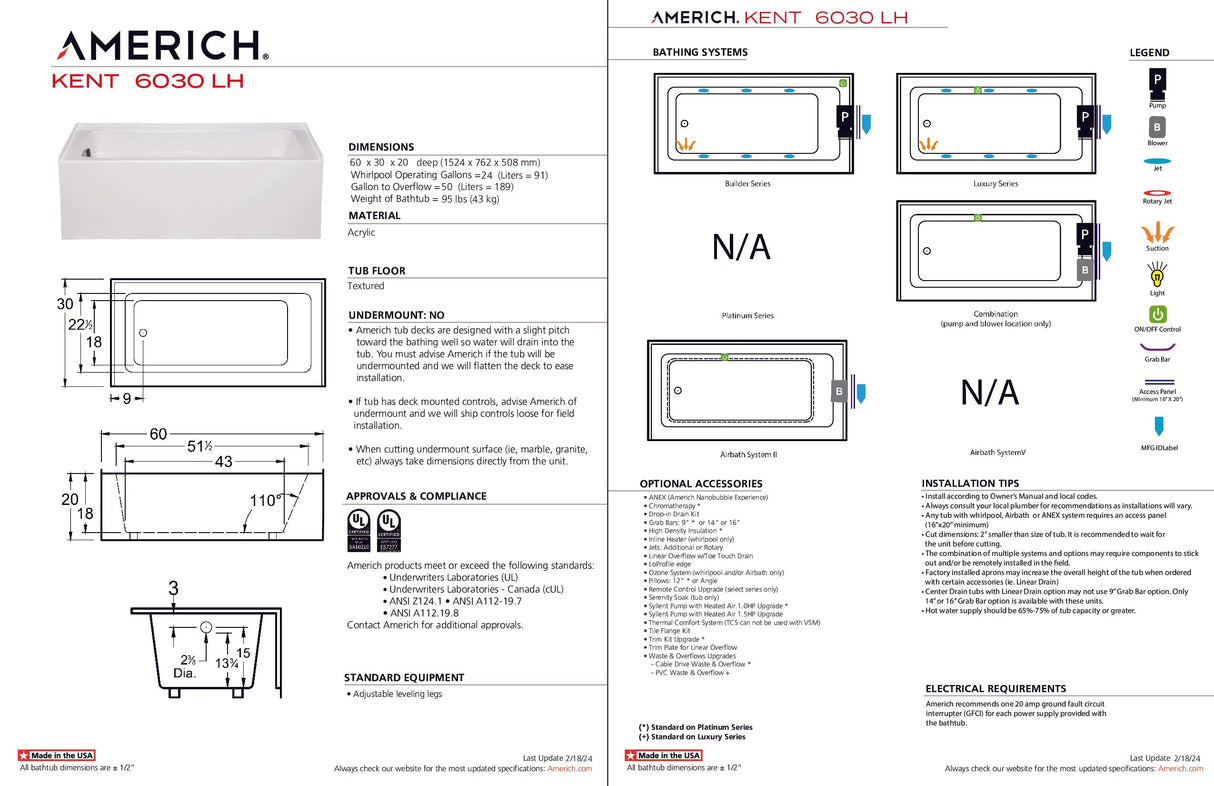 Americh KN6030TLA5-WH Kent 6030 Left Hand - Tub Only / Airbath 5 - White