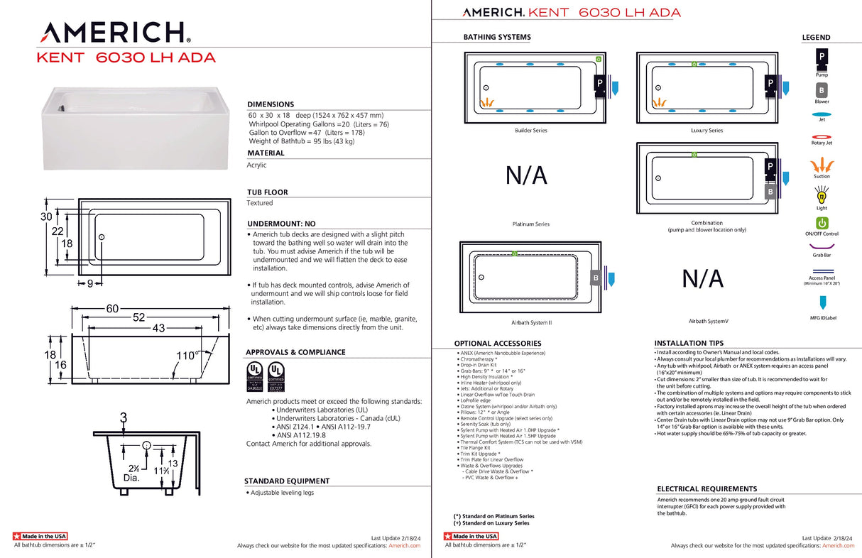 Americh KN6030ADATLA5WH Kent 6030 ADA Left Hand - Tub Only / Airbath 5 - White