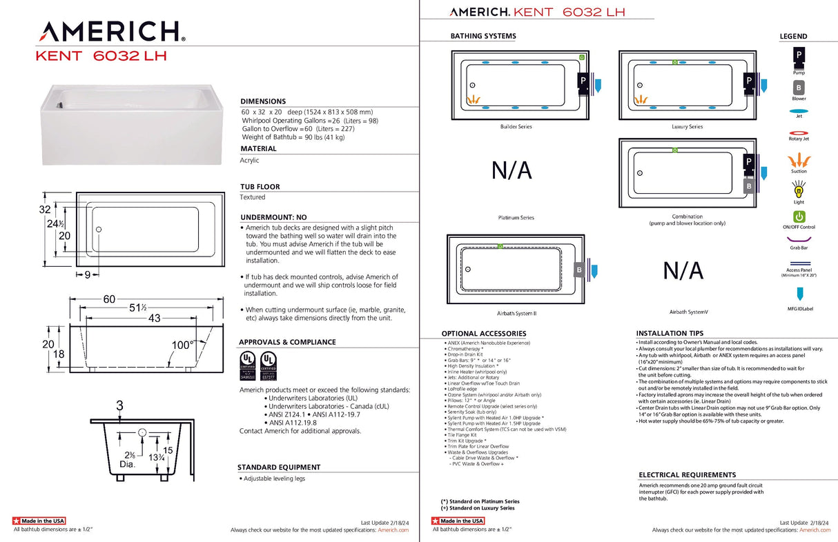 Americh KN6032TLA5-WH Kent 6032 Left Hand - Tub Only / Airbath 5 - White
