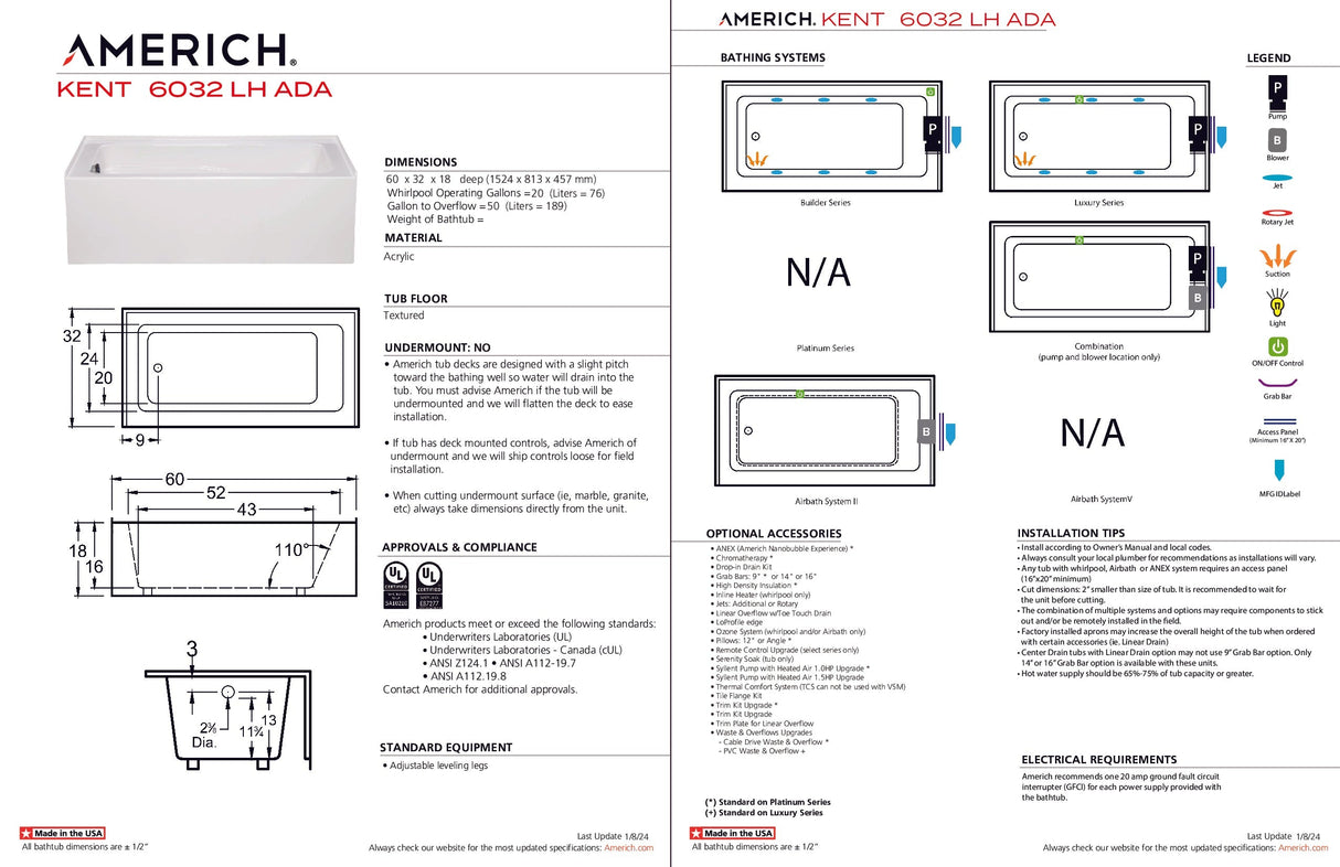 Americh KN6032ADATLA5WH Kent 6032 ADA Left Hand - Tub Only / Airbath 5 - White